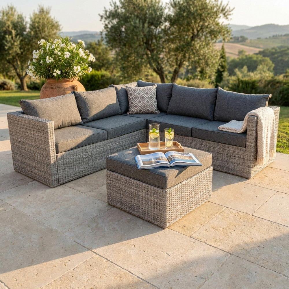 ARGENTINA CORNER LOUNGE WITH CUSHIONS. Aluminum frame, GREY wicker, UV-protected material, 10 cm cushions. Dimensions: D.136x72x64/D.208x72x64/T.64x64x31. Garden Furniture