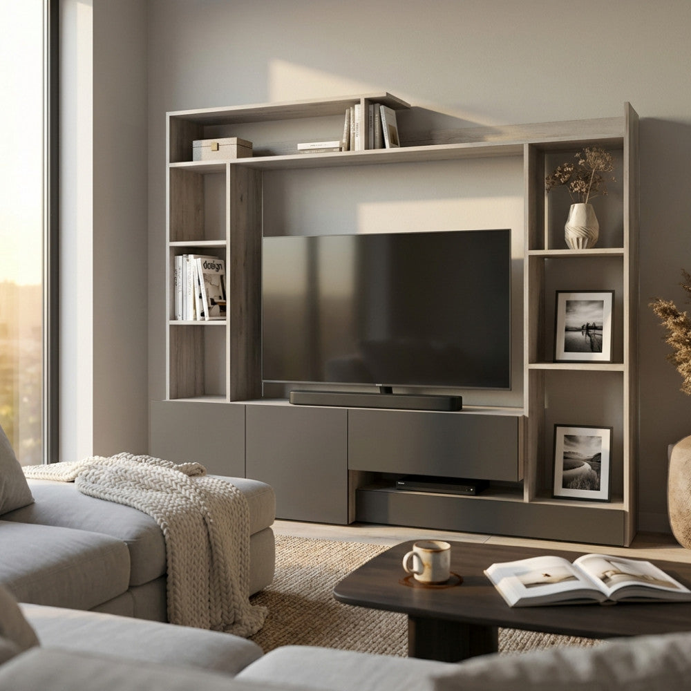 PARETE SOGGIORNO ENTRY ANTRACITE E OLMO. Parete in legno ANTRACITE e OLMO Dimensioni: cm 180 x 28/40 x 165 h.