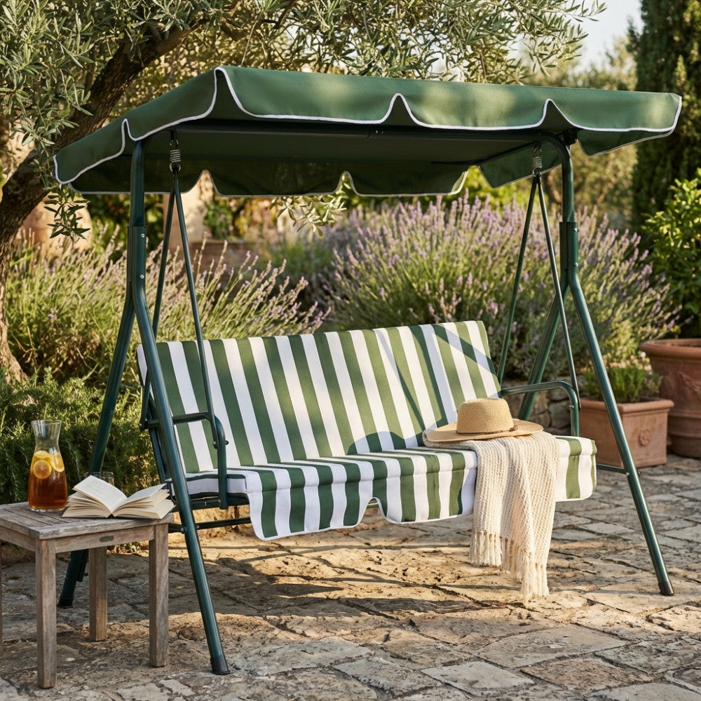 GREEN SWING WITH CUSHIONS. 160 g GREEN polyester fabric, GREEN STRIPED cushion. Green metal frame, tubes Ø 45/32/25/19/16 mm. Dimensions: 170 x 110 x 153 cm. Garden Furniture