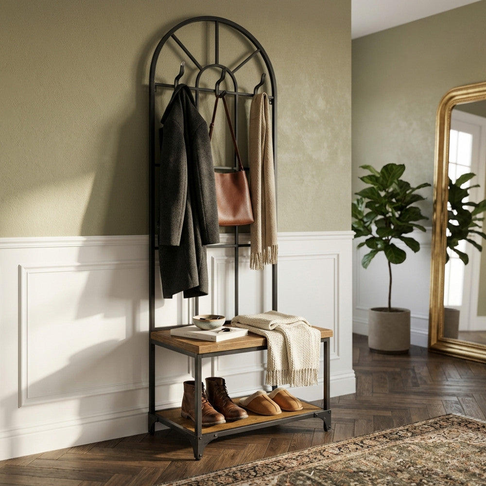 BOOKER COAT STAND WITH BENCH. Dimensions: 63.5 x 41 x 191 cm h.