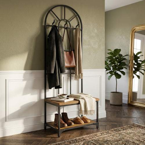 BOOKER COAT STAND WITH BENCH. Dimensions: 63.5 x 41 x 191 cm h.