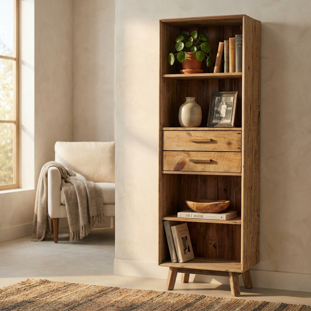 COLLIN BOOKCASE. Bookcase with 2 drawers and 4 shelves in recycled pine wood. Dimensions: 60 x 40 x 190 cm h.