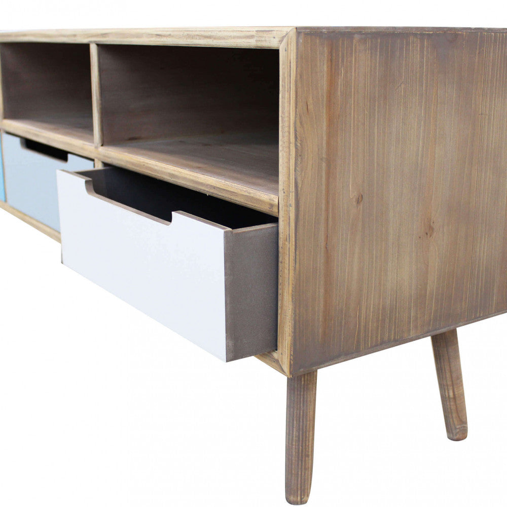 PORTA TV TIBURG. Struttura in MDF, gambe in legno di pino, top colore NATURALE 3 ripiani e 3 cassetti colorati Dimensioni: cm 120 x 35,5 x 29,5 h.