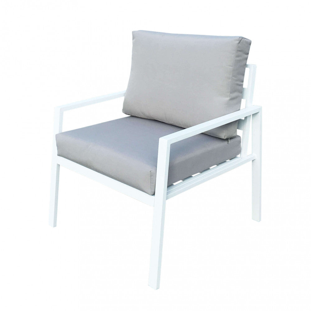 HELSINKI 2-SEAT LOUNGE WITH CUSHIONS. Aluminum frame in WHITE or ANTHRACITE or DOVE GREY or TAUPE. 10 cm polyester cushions. Dimensions: D.128x77x79/P.68x77x797T.51.5x95x46. Garden Furniture