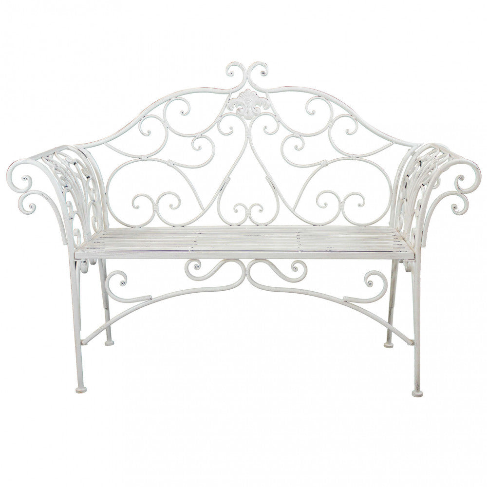 ELOISE ANTIQUE WHITE BENCH. Powder-coated metal bench in WHITE with electrophoresis treatment. Dimensions: 136 x 46 x 96 cm. Garden furniture.