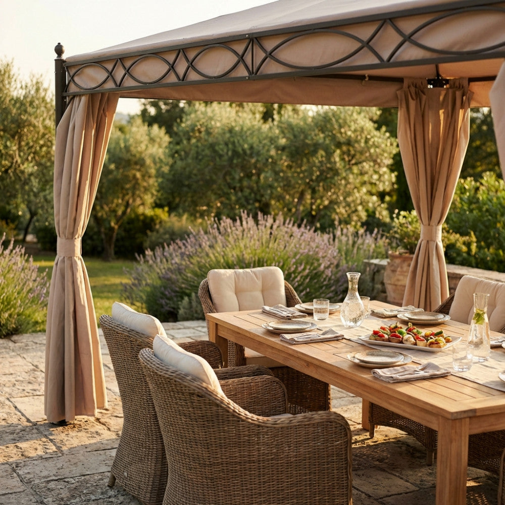 GAZEBO SIWA 3 X 3. Canvas and sides in BEIGE polyester 200-160 gr + mosquito net, structure in BLACK painted steel, legs tube 0 mm 70 x 1.2 - cover mm 15x15/18x18 Dimensions: m 3 x 3 x 2.60 h. Garden furniture