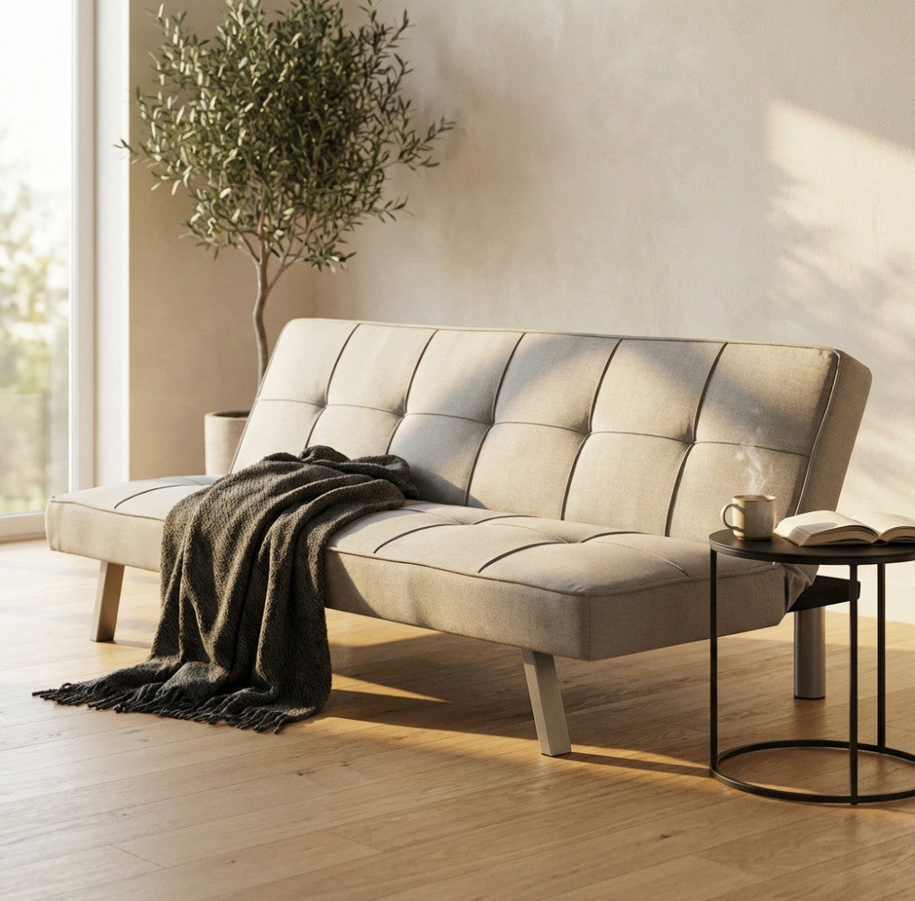 DIVANO LETTO AARON. Divano Letto GRIGIO CHIARO MELANGE struttura in metallo e legno Dimensioni: D.178x81x71/DL.178x96x35.