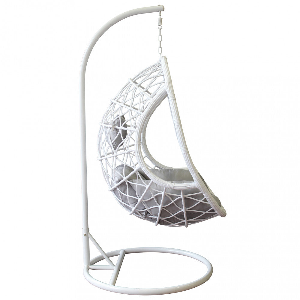 CAPRAIA SWING CHAIR. Matt dove grey metal frame, grey, white or natural wicker seat, 42 x 2.5 mm metal tubes, 42 x 1.5 mm base. Dimensions: Frame 95 x 195 h, seat 93 x 72 x 122 cm. Garden Furniture
