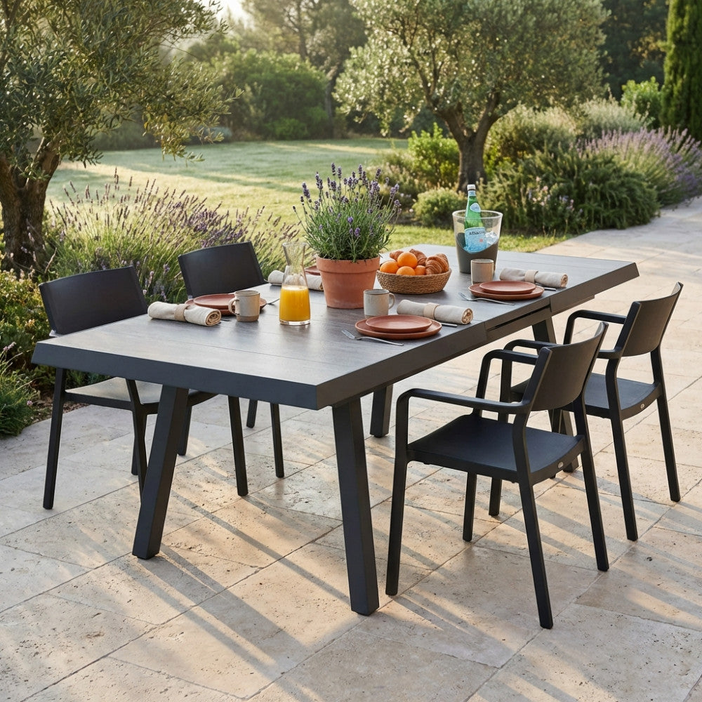 SEATTLE TABLE 205/265 X 105. Structure in ANTHRACITE, TAUPE or WHITE aluminum, table top in GREY wood-effect ceramic in NATURAL taupe. Dimensions: cm 205/265 x 105 x 75 h. Garden Furniture