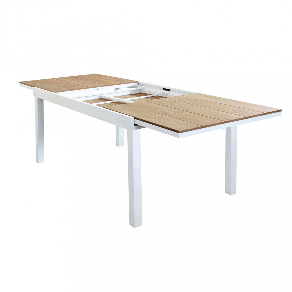 TAVOLO CAYMAN 160/240 X 95. Struttura in alluminio BIANCO o TAUPE piano in polywood color TEAK Dimensioni: cm 160/240 x 95 x 75 h. Arredo Giardino
