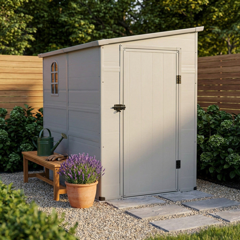 CASETTA HAUSE 143 X 247 X 194. Casetta in plastica con finestra MARRONE o GRIGIO CHIARO Dimensioni: cm 143 x 247 x 194 h. Arredo Giardino
