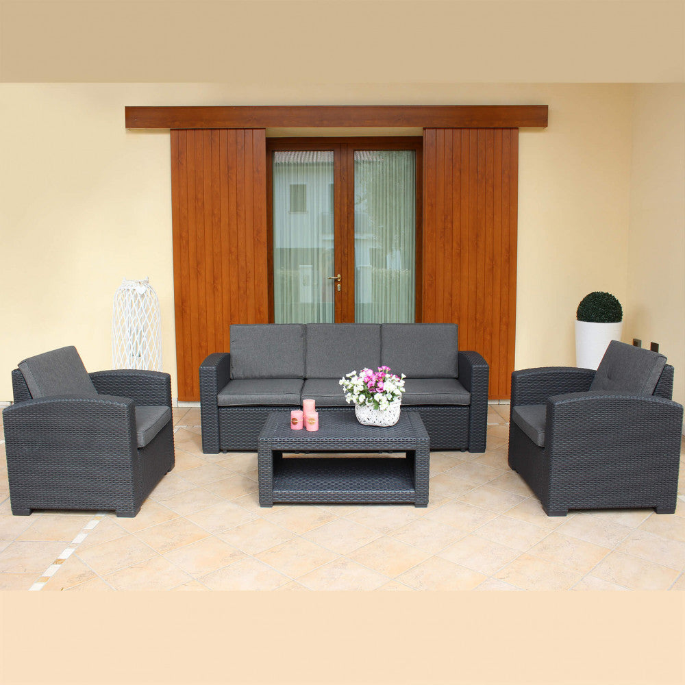 MAURITIUS 3-PIECE REMOVABLE LOUNGE SETTEE/CUSHIONS. Molded plastic frame, BLACK wicker UV protection material, DARK GREY cushions, 8 cm thick. Dimensions: D.166.8x71x75/P.83x71x75/T.93x55.8x38.6. Garden Furniture