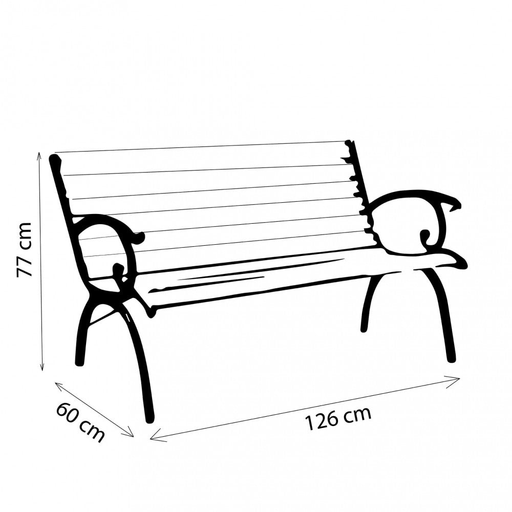 REAL CAST IRON BENCH. Wooden and cast iron bench with 12-slat seat and backrest. Dimensions: 126 x 60 x 77 cm. Garden furniture.