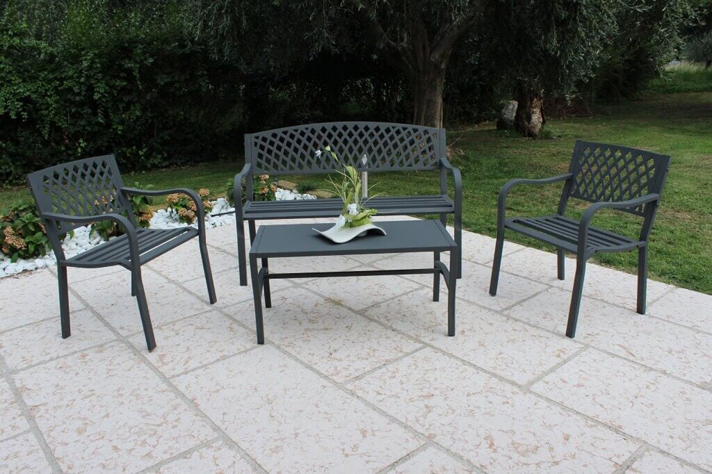 MONTREAL 2-SEAT BENCH. Powder-coated ANTHRACITE metal. Dimensions: 128 x 56 x 85 cm. Garden furniture.