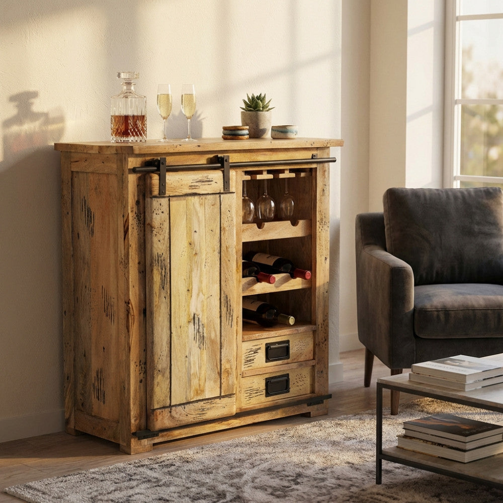 WINE CELLAR. Mango wood wine cellar with 1 sliding door, 2 shelves, 2 drawers and bottle holder. Dimensions: 90 x 45 x 100 cm.