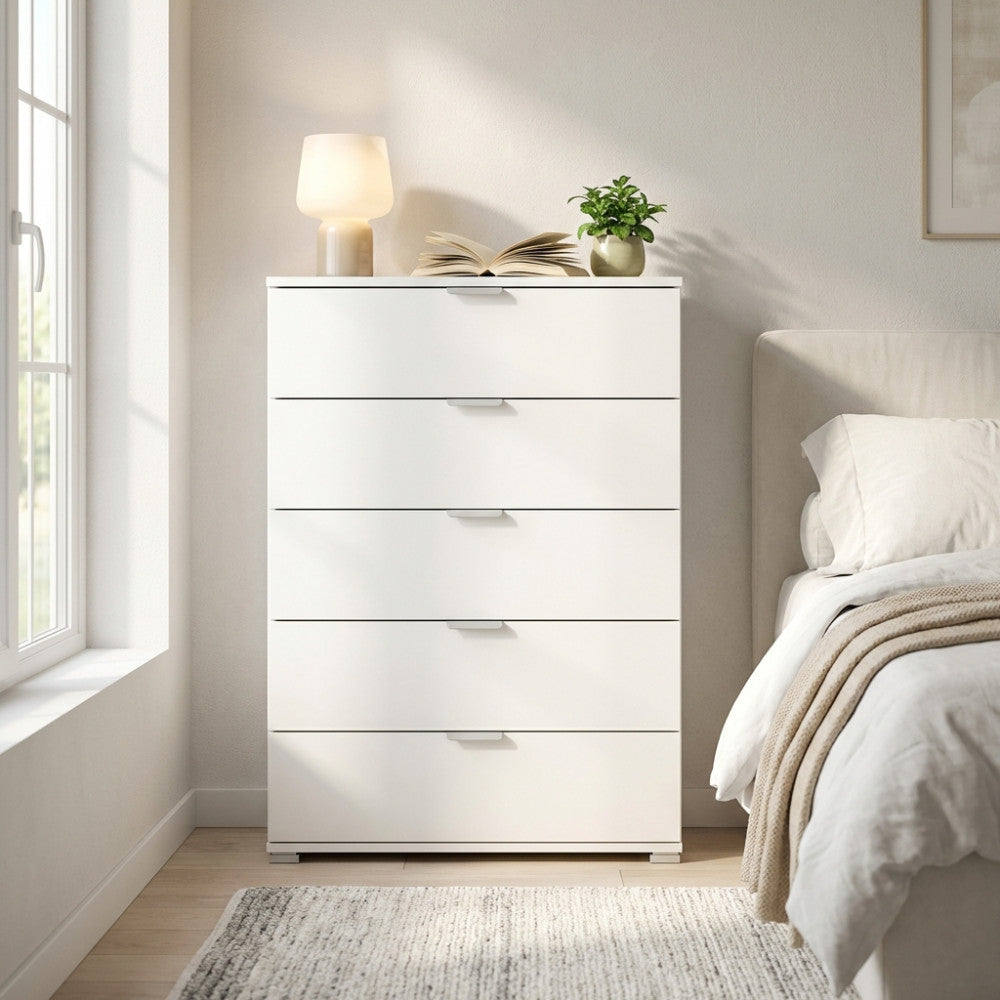 MOBILETTO EVERGLADE 5 CASSETTI BIANCA. Dimensioni: cm 75 x 38 x 103 h.