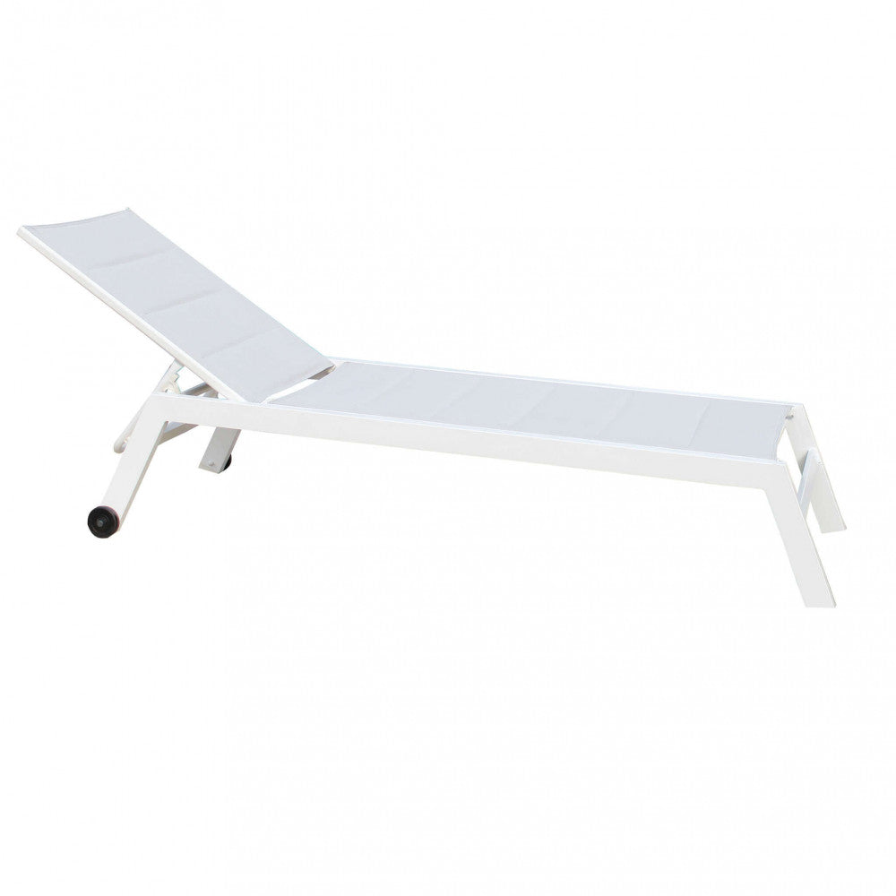 FORMENTERA LOUNGER. Aluminum frame painted WHITE, DOVE GREY, TAUPE, or ANTHRACITE. Padded Textilene in TAUPE, BLACK on anthracite. Dimensions: 198 x 61 x 34/95 cm. Garden Furniture