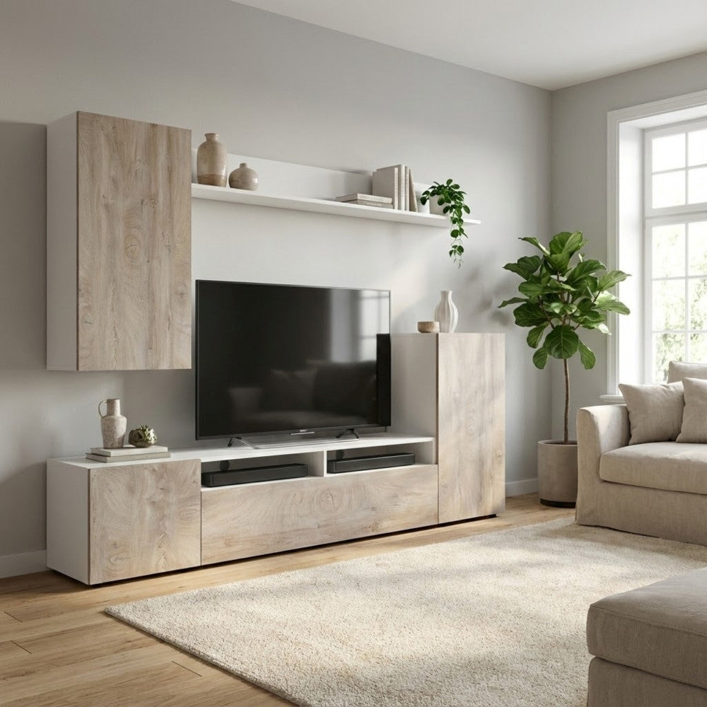 PARETE SOGGIORNO BRIDGE BIANCO E ROVERE CHIARO. Parete in legno BIANCO e ROVERE CHIARO Dimensioni: cm 207 x 34 x 170 h.