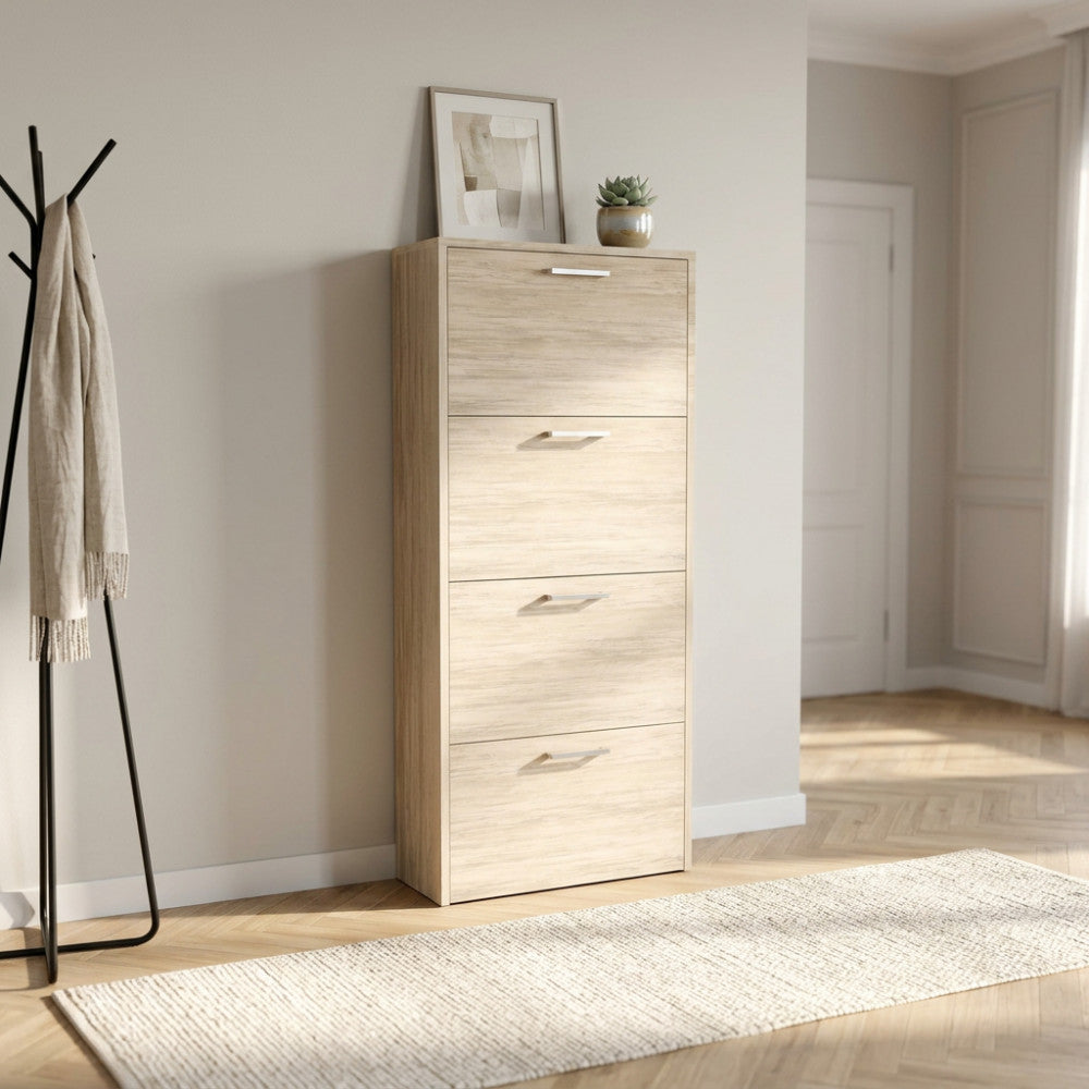 SCARPIERA MOLLY 4 ANTE A RIBALTA PINO CHIARO. Scarpiera in legno PINO CHIARO spessore 16 mm Dimensioni: cm 59 x 25 x 140 h.