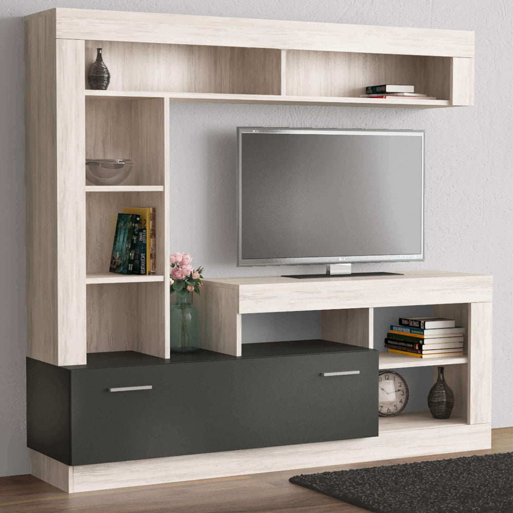 LEONARD LIVING ROOM WALL UNIT IN ANTHRACITE AND LIGHT PINE. Wall unit in ANTHRACITE and LIGHT PINE wood. Dimensions: 170 x 42 x 170 cm.