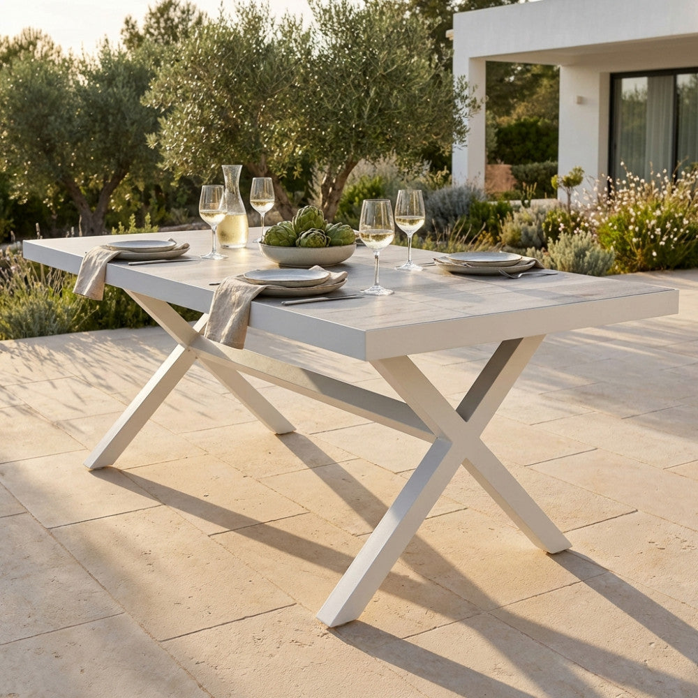 MACKAY TABLE 200 X 100. ANTHRACITE or WHITE aluminum frame, wood-effect ceramic table top. Dimensions: 200 x 100 x 75 cm. Garden furniture.