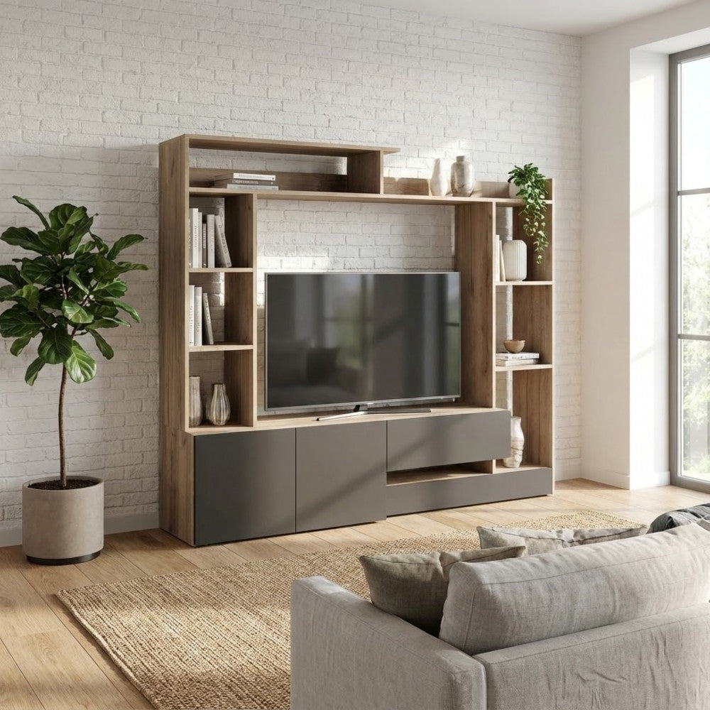 PARETE SOGGIORNO ENTRY ANTRACITE E OLMO. Parete in legno ANTRACITE e OLMO Dimensioni: cm 180 x 28/40 x 165 h.