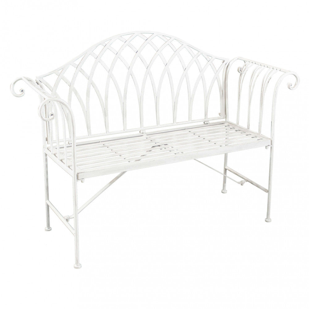 ANNETTE ANTIQUE WHITE BENCH. Powder-coated metal bench in WHITE with electrophoresis treatment. Dimensions: 128 x 40 x 93 cm. Garden furniture.