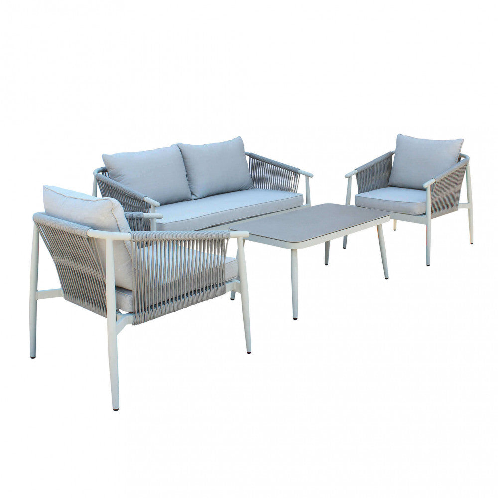 SALOTTO MUMBAI 2 P C/CUSCNI. Struttura in alluminio verniciata a polvere GRIGIO SCURO o GRIGIO CHIARO braccioli e schienali rivestimento in corda tonda sintetica cuscini 15 cm tavolino con vetro temprato 5 mm Dimensioni: D.152x80x73/P.71x80x73/T.100x...