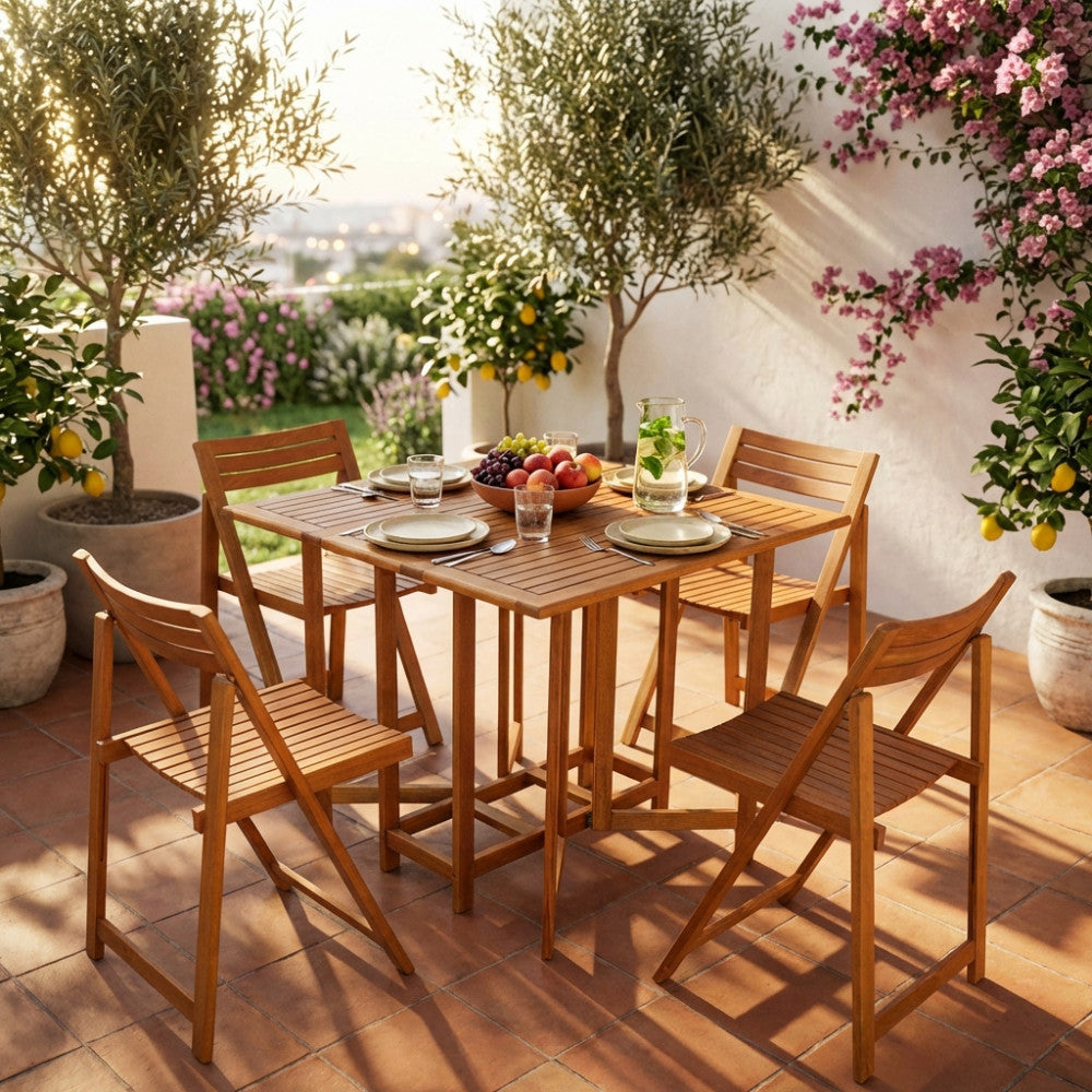 TABLE + 4 CHAIRS SET. Solid acacia wood. Dimensions: T 90 x 90 x 74 h S 44 x 47 x 78 h. Garden furniture.