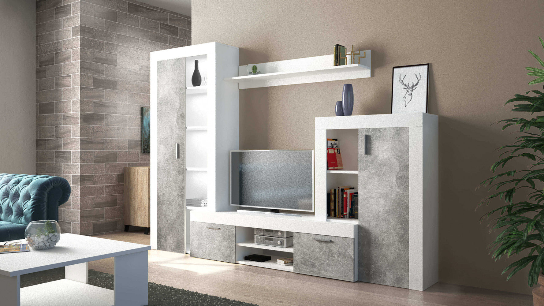 NOBEL LIVING ROOM WALL WHITE AND GREY CONCRETE EFFECT. WHITE and GREY CONCRETE EFFECT wooden wall Dimensions: 263 x 40 x 200 h cm.