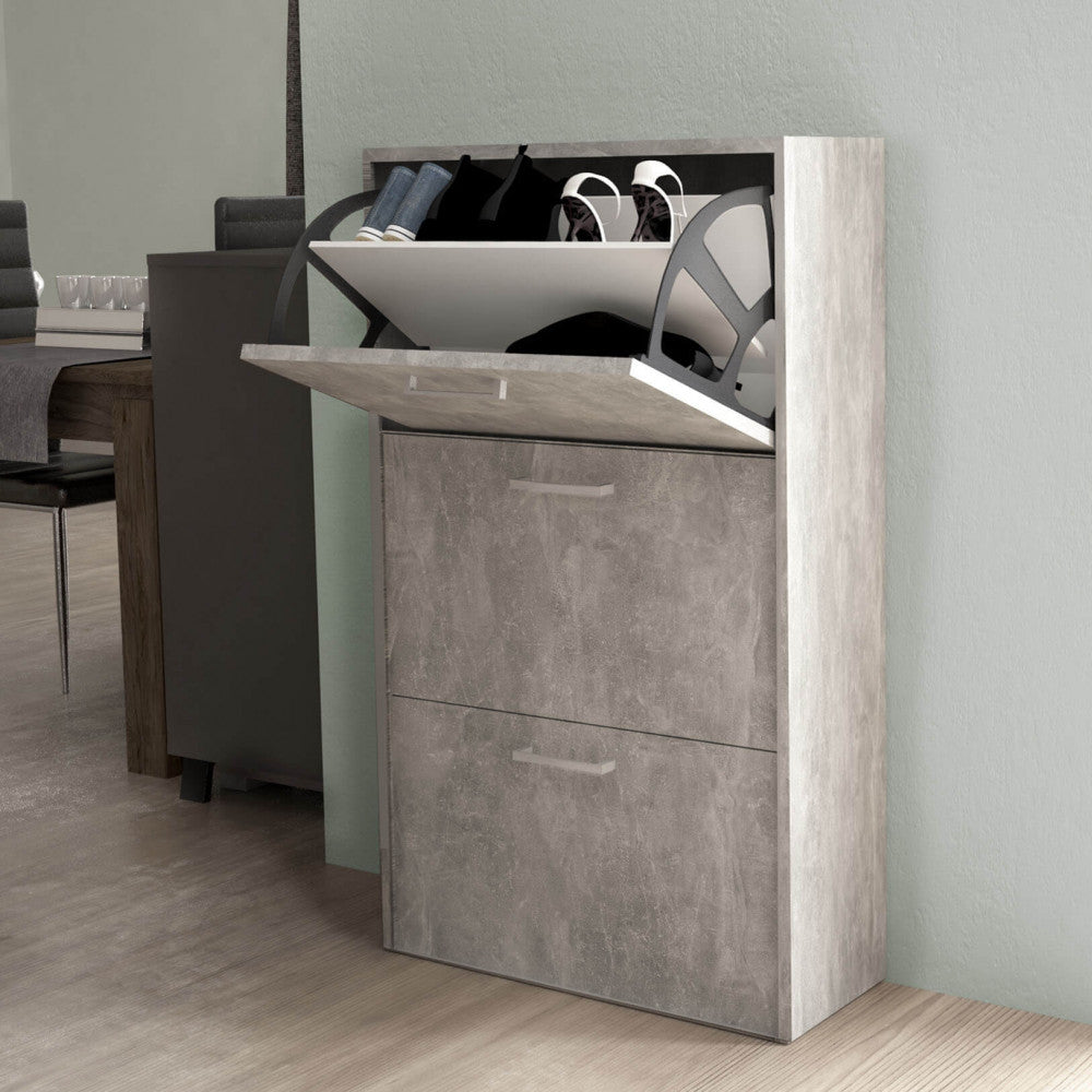 MOLLY SHOE RACK WITH 3 FLAP-DOORS, GREY CONCRETE EFFECT. 16 mm thick GREY CONCRETE EFFECT wooden shoe rack. Dimensions: 59 x 25 x 105 cm h.