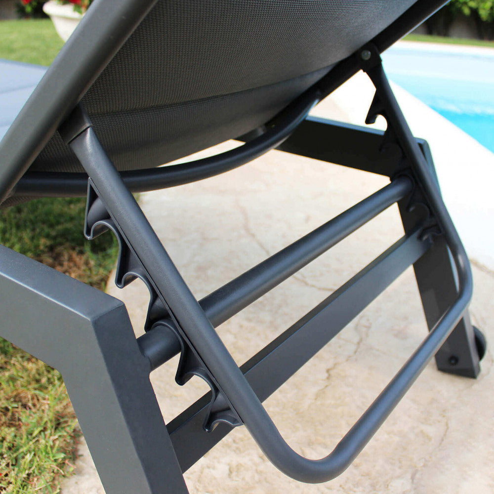 FORMENTERA LOUNGER. Aluminum frame painted WHITE, DOVE GREY, TAUPE, or ANTHRACITE. Padded Textilene in TAUPE, BLACK on anthracite. Dimensions: 198 x 61 x 34/95 cm. Garden Furniture