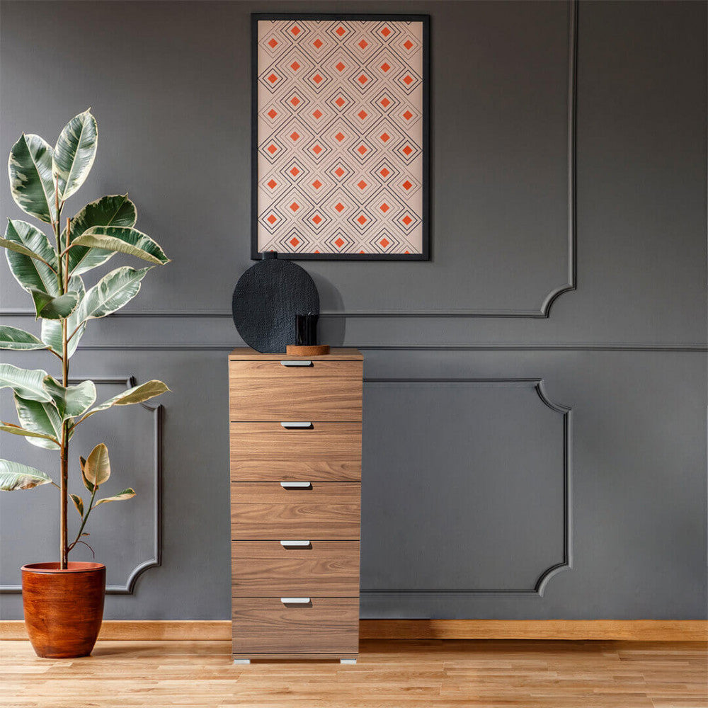 MOBILETTO KAUAI 5 CASSETTI TINTA NOCE. Dimensioni: cm 45 x 38 x 103 h.