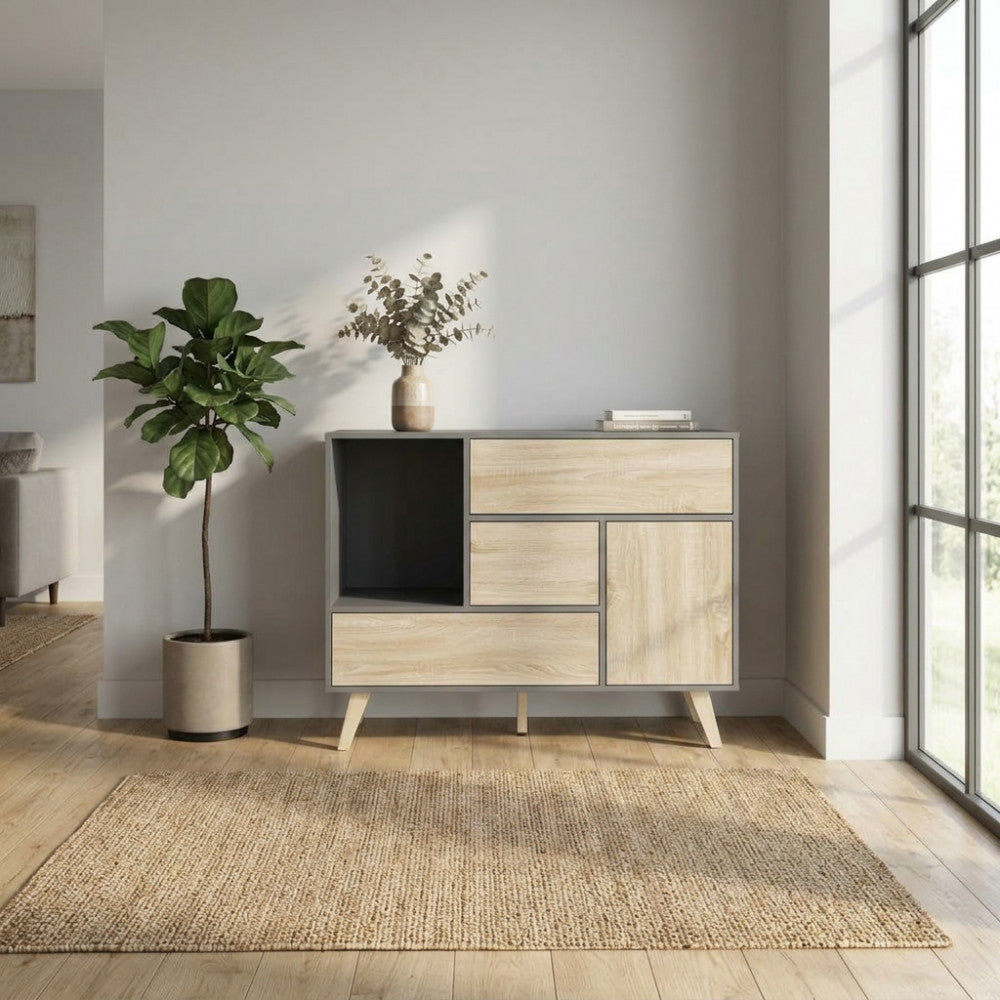 EMORY GREY AND NATURAL CABINET. Melamine cabinet with 1 door, 3 drawers and 1 shelf, natural structure, white or dark grey. Dimensions: 119 x 39.5 x 85.6 h.