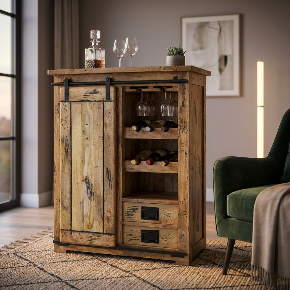 WINE CELLAR. Mango wood wine cellar with 1 sliding door, 2 shelves, 2 drawers and bottle holder. Dimensions: 90 x 45 x 100 cm.