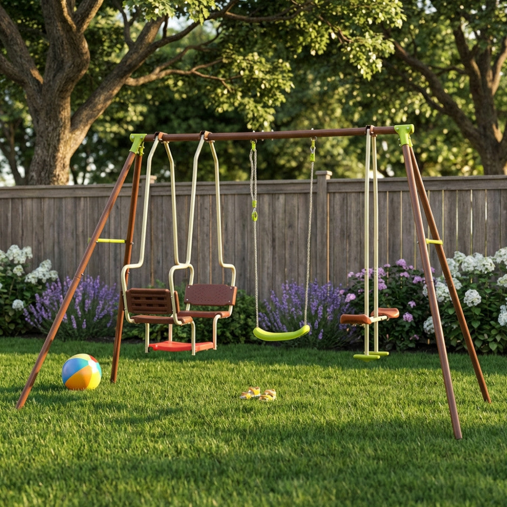 MINNIE SWING 5 P. Metal swing - 5 seats, 50/25 mm tubes. Dimensions: 2.69 m x 1.53 m x 1.95 m h. Garden furniture