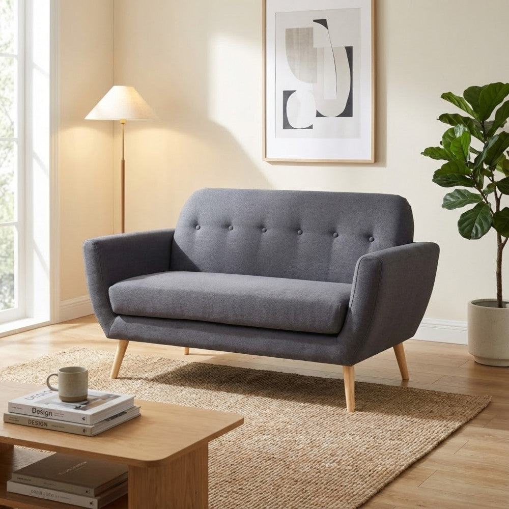 BURTON 2-SEATER SOFA. LIGHT GREY, DARK GREY or BLUE sofa with buttons and polypropylene legs. Dimensions: 147 x 79 x 86 h cm.