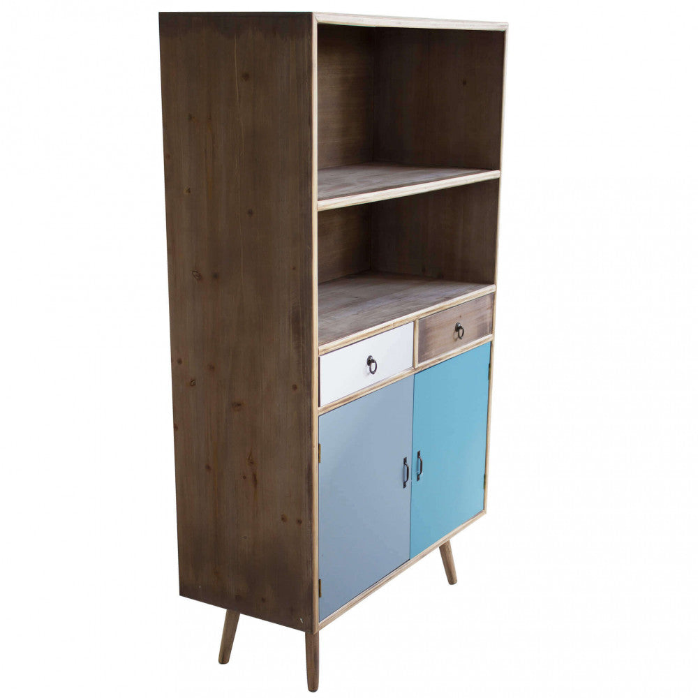 MOBILETTO BARRIE. Struttura in MDF, gambe in legno di pino, top colore NATURALE 2 ripiani, 2 ante e 2 cassetti colorati Dimensioni: cm 80 x 35 x 140 h.