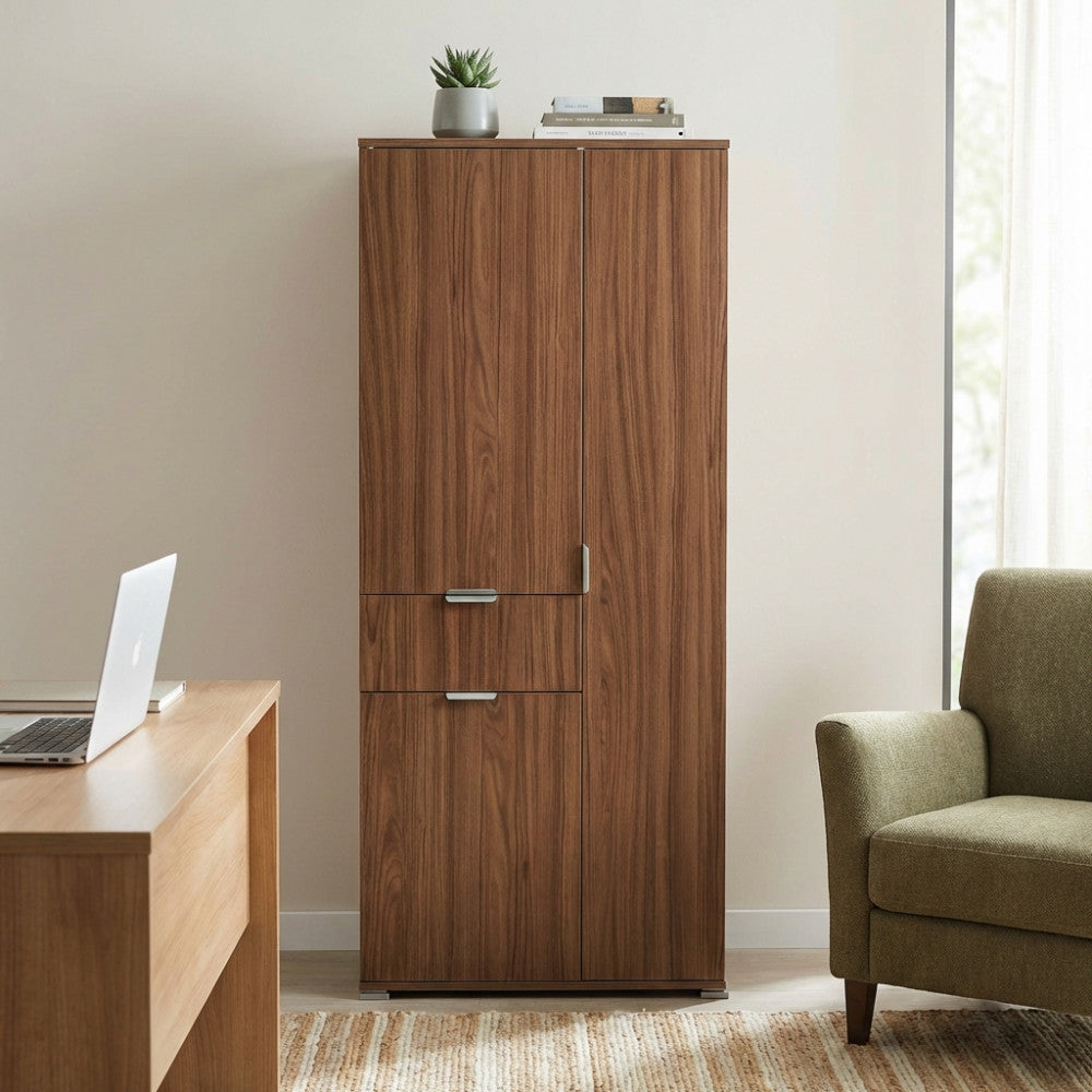 ECO WARDROBE WITH 3 DOORS AND 1 DRAWER, WALNUT COLOR. Dimensions: 75 x 38 x 174 cm h.