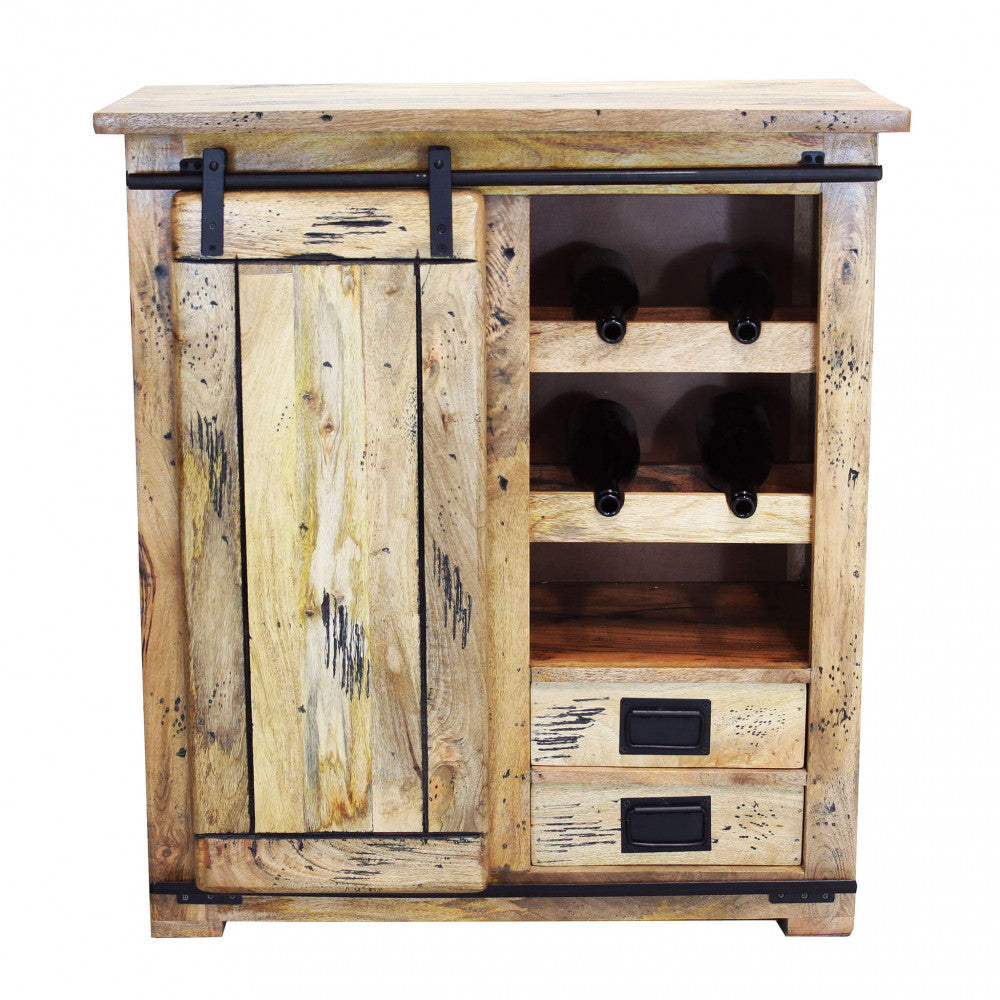 WINE CELLAR. Mango wood wine cellar with 1 sliding door, 2 shelves, 2 drawers and bottle holder. Dimensions: 90 x 45 x 100 cm.