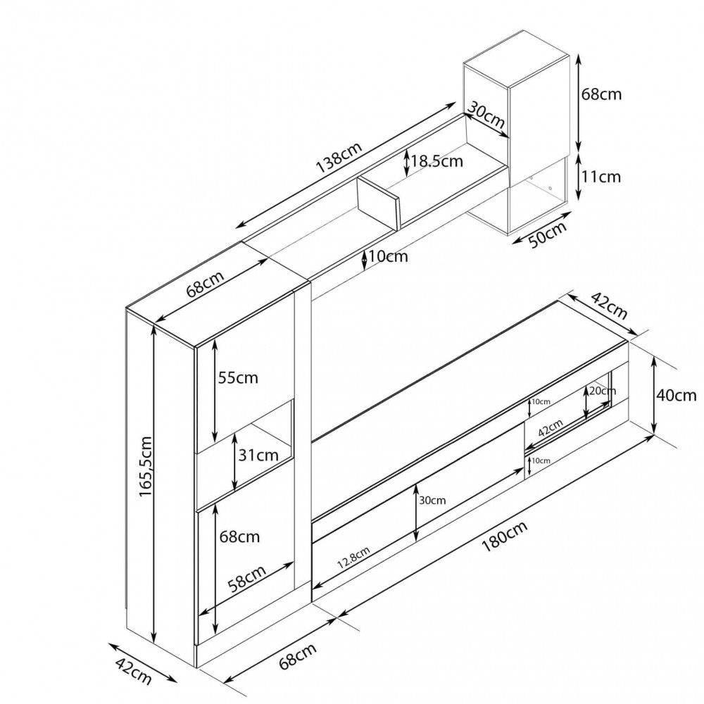 ROOMY LIVING ROOM WALL WHITE AND LIGHT OAK. White and LIGHT OAK wooden wall Dimensions: 255 x 40 x 200 h cm.