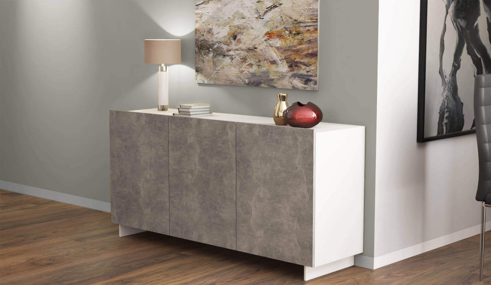 CREDENZA CARLILE BIANCO E GRIGIO EFFETTO CEMENTO. Credenza in legno BIANCO e GRIGIO EFFETTO CEMENTO Dimensioni: cm 150 x 40 x 76 h.