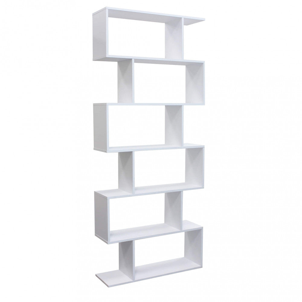 ALANA BOOKCASE, WHITE AND NATURAL. Bookcase in natural, white, or dark gray melamine with 6 shelves. Dimensions: 80 x 23.5 x 190.5 h.