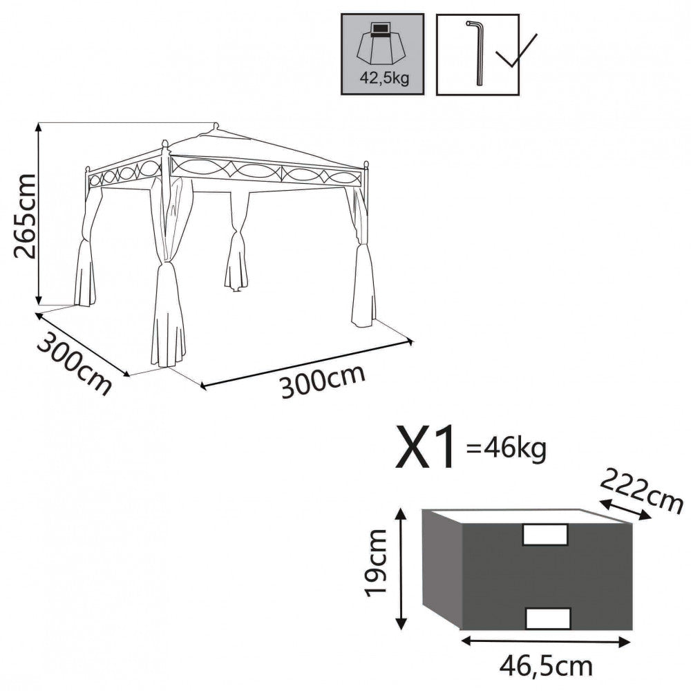 GAZEBO SIWA 3 X 3. Telo e laterali in poliestere BEIGE 200-160 gr + zanzariera struttura in acciaio verniciato NERO gambe tubo ò mm 70 x 1,2-copert. mm 15x15/18x18 Dimensioni: m 3 x 3 x 2,60 h. Arredo Giardino