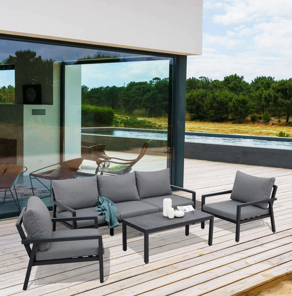 SANTO DOMINGO 3-SEAT LOUNGE WITH CUSHIONS. WHITE or ANTHRACITE aluminum frame, polyester cushions. Dimensions: D.206x85x76/D.78x85x76/T.110x55x45.5. Garden Furniture