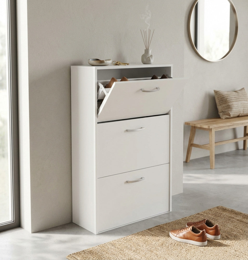 MOLLY SHOE RACK WITH 3 FLAP DOORS, WHITE. Shoe rack in 16 mm thick WHITE wood. Dimensions: 59 x 25 x 105 cm.