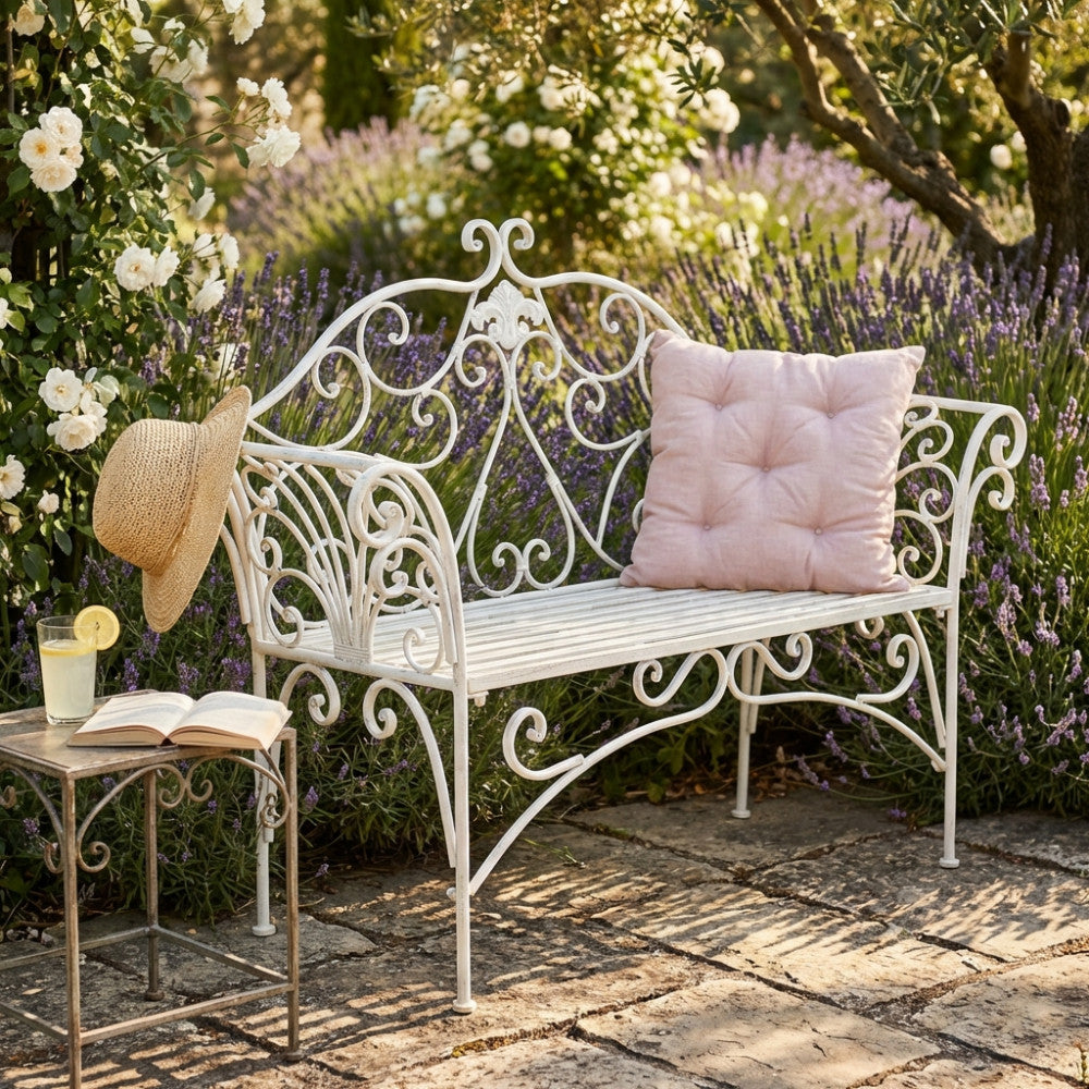 ELOISE ANTIQUE WHITE BENCH. Powder-coated metal bench in WHITE with electrophoresis treatment. Dimensions: 136 x 46 x 96 cm. Garden furniture.