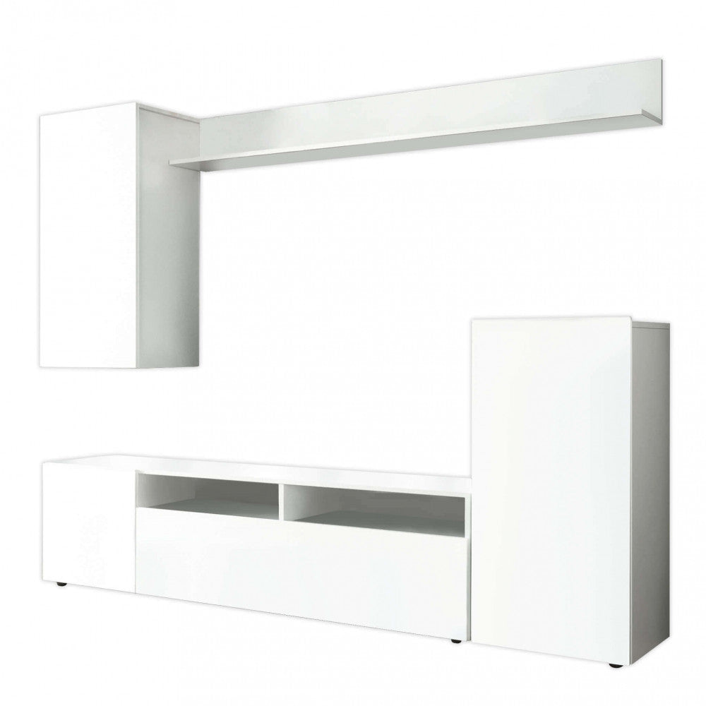 PARETE SOGGIORNO BRIDGE BIANCO E BIANCO LUCIDO. Parete in legno BIANCO e BIANCO LUCIDO Dimensioni: cm 207 x 34 x 170 h.
