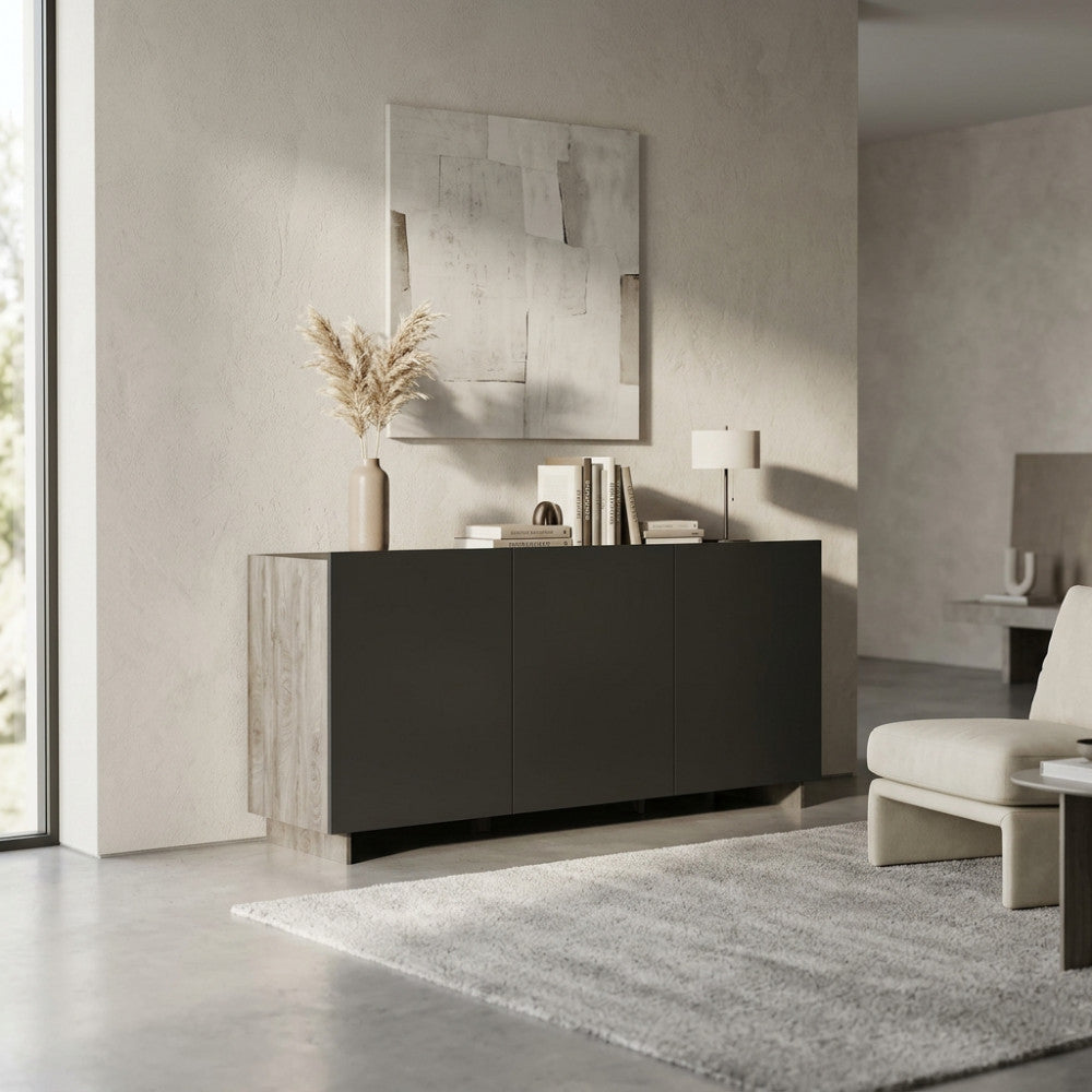 CREDENZA CARLILE ANTRACITE E ROVERE CHIARO. Credenza in legno ANTRACITE e ROVERE CHIARO Dimensioni: cm 150 x 40 x 76 h.