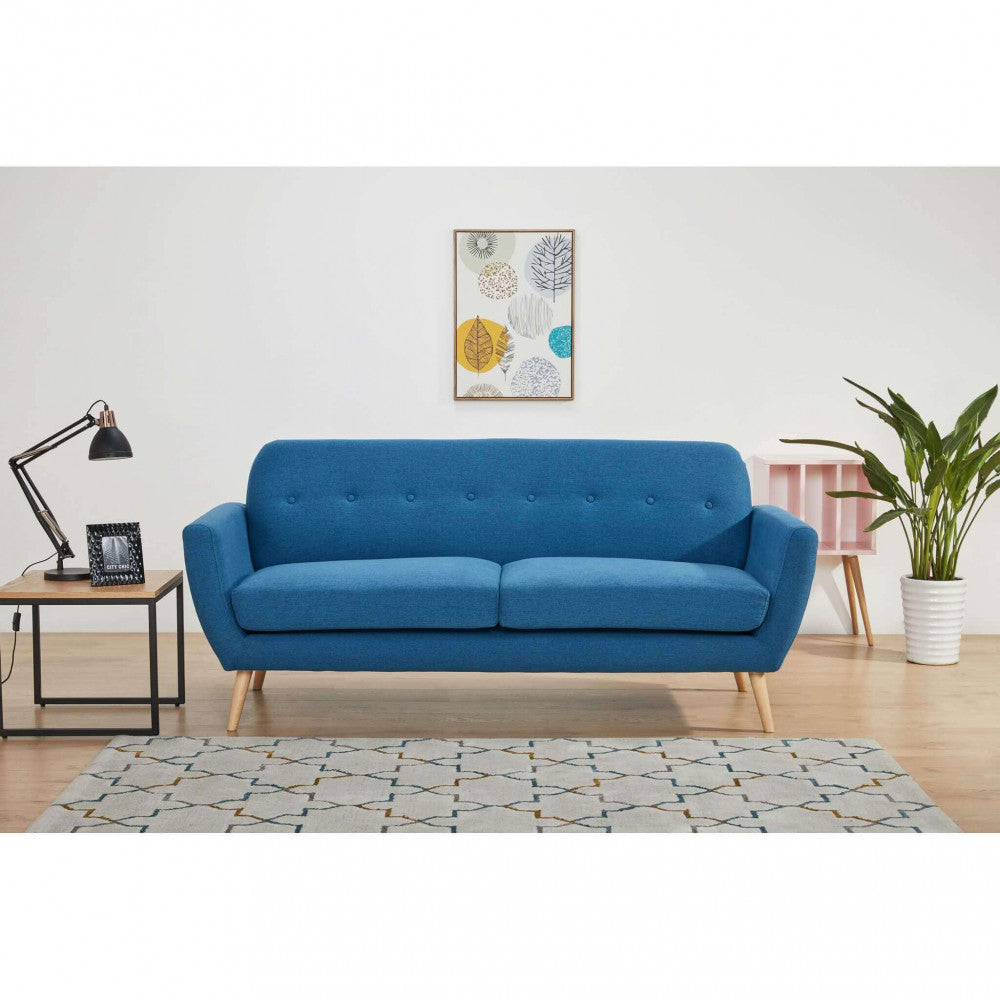 BURTON 3-SEATER SOFA. LIGHT GREY, DARK GREY, or BLUE sofa with buttons and polypropylene legs. Dimensions: 193 x 79 x 86 cm.